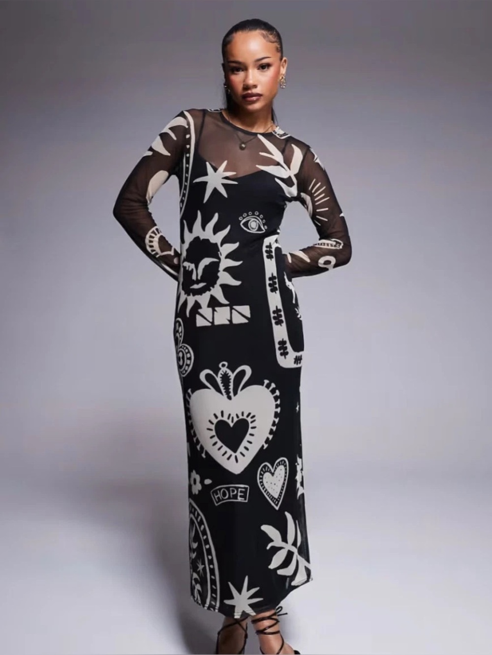 Never Fully Dressed Mesh Maxi Dress In Love Print from Romance Collection, 16